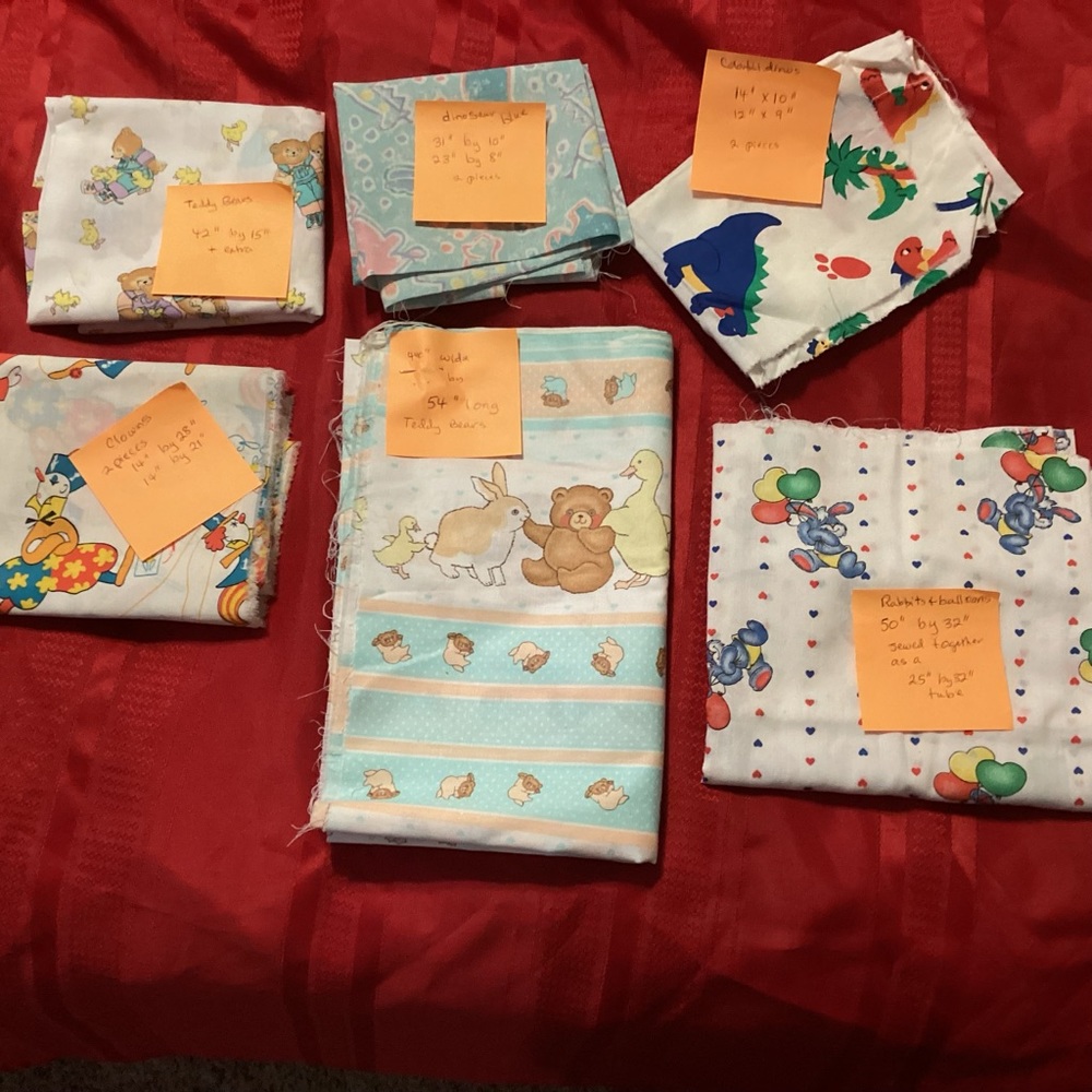 Stash of 6 children fabric cuts.  See dimensions of each in pictures.